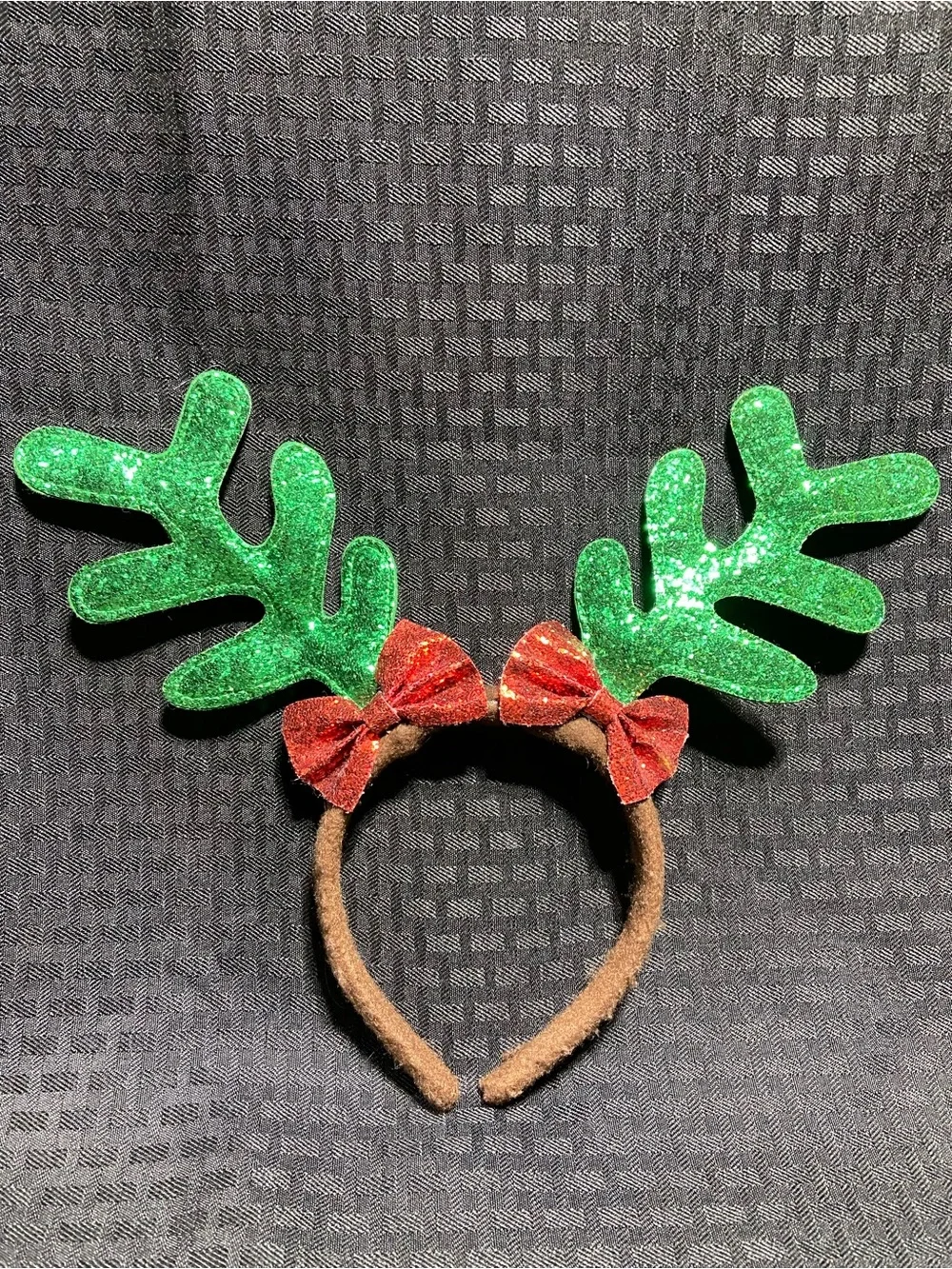 Green Glitter Reindeer Antler Headband with Red Bows & Black LadyBug or BeeBand